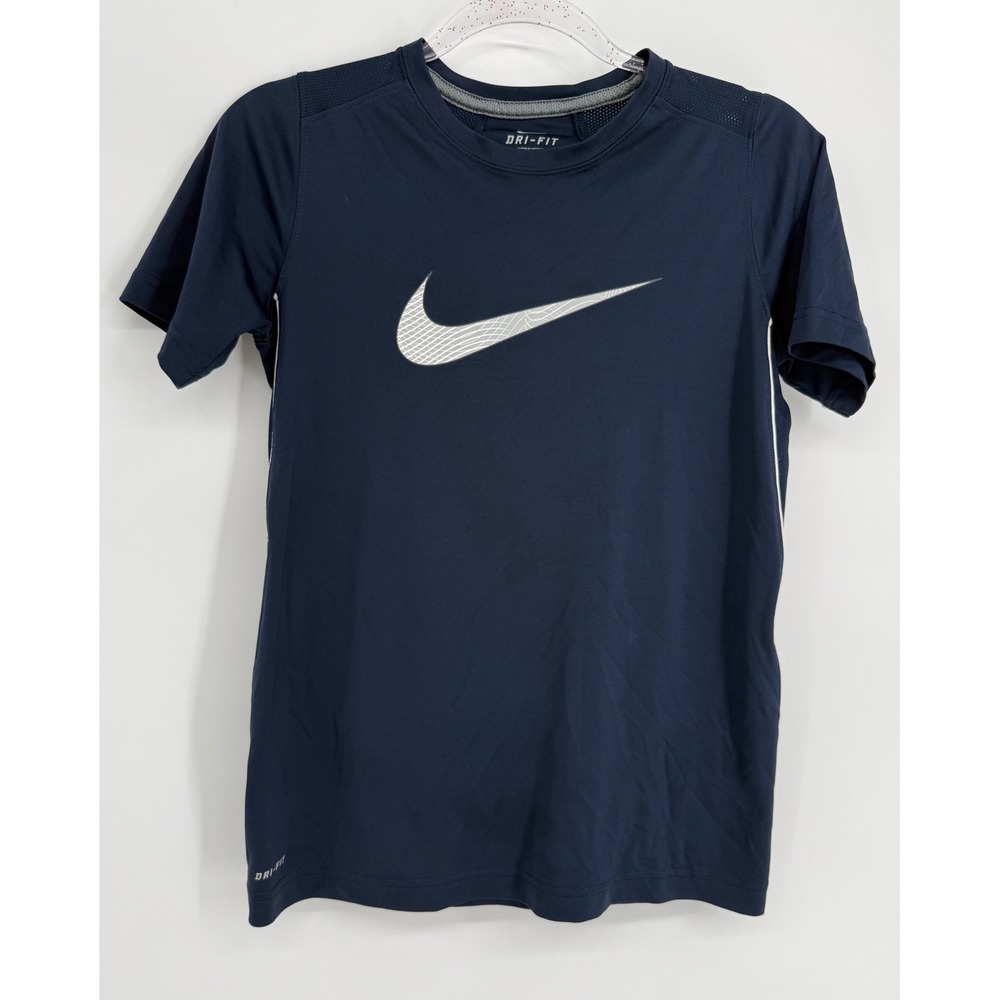 Nike Dri-FIT Boys Navy Blue Short Sleeve Training Shirt Silver Swoosh Size L
